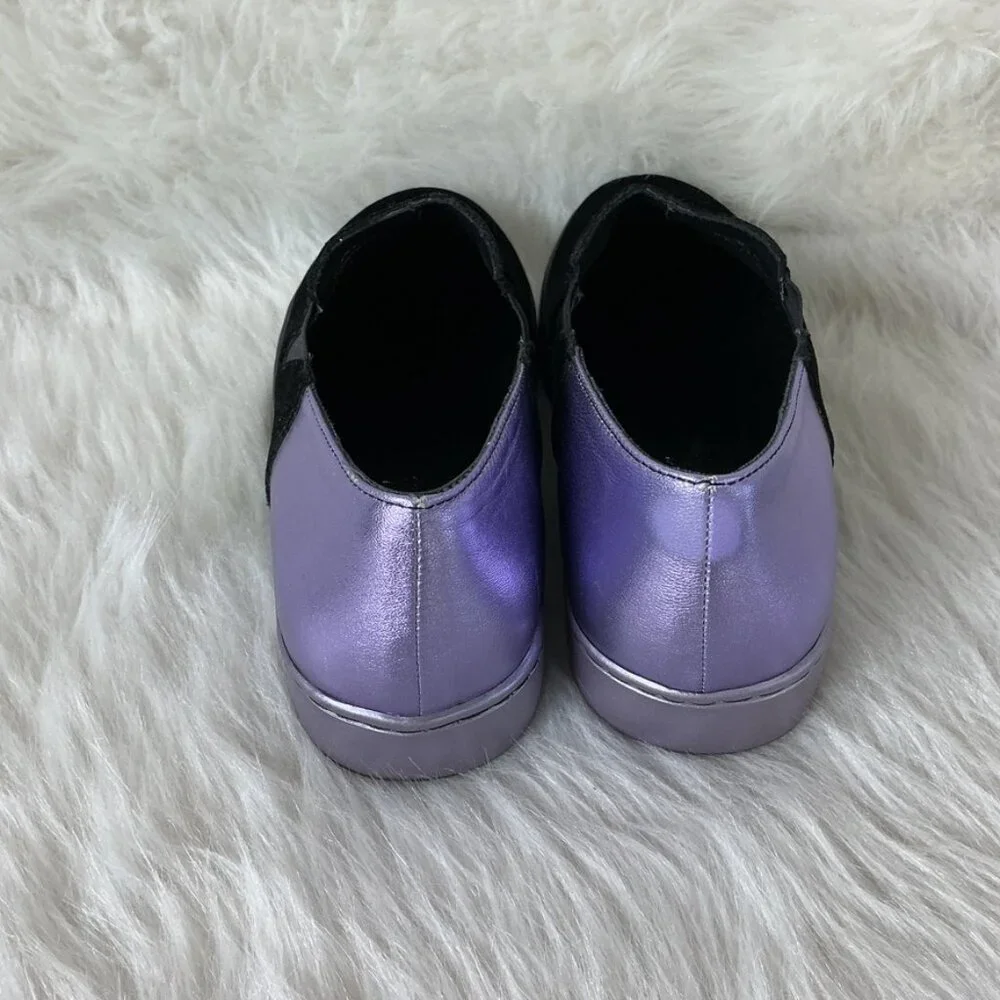Free People Black Velvet Purple Metallic Leather Varsity Slip On Sneakers 37 US